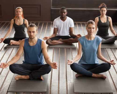 Group of young sporty afro american and caucasian people practicing yoga lesson, sitting in Sukhasana exercise, Easy Seat pose with mudra gesture, working out, students training in sport club, studio